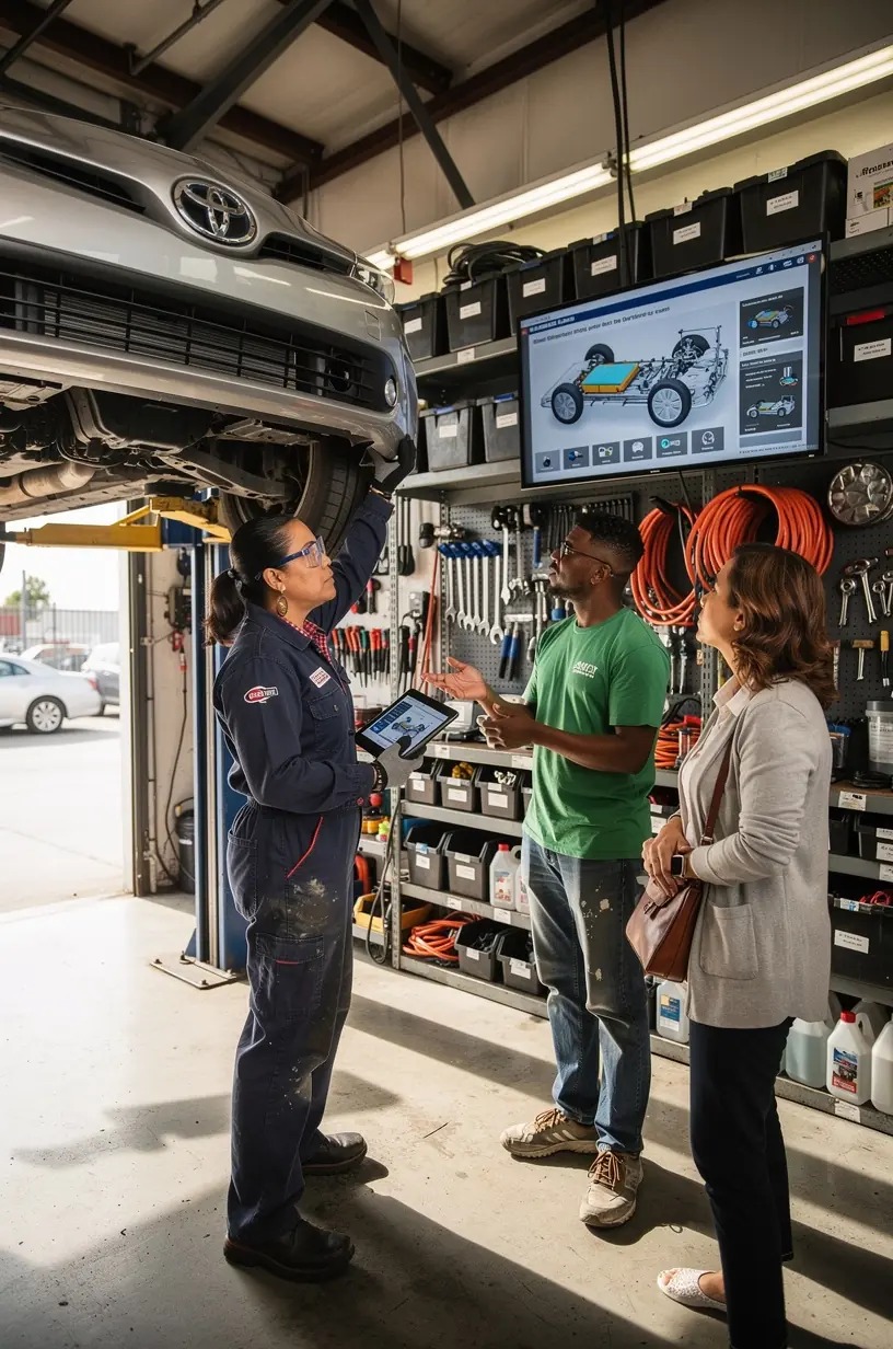 Educational guide visual showing Prius hybrid system components for practical vehicle care advice